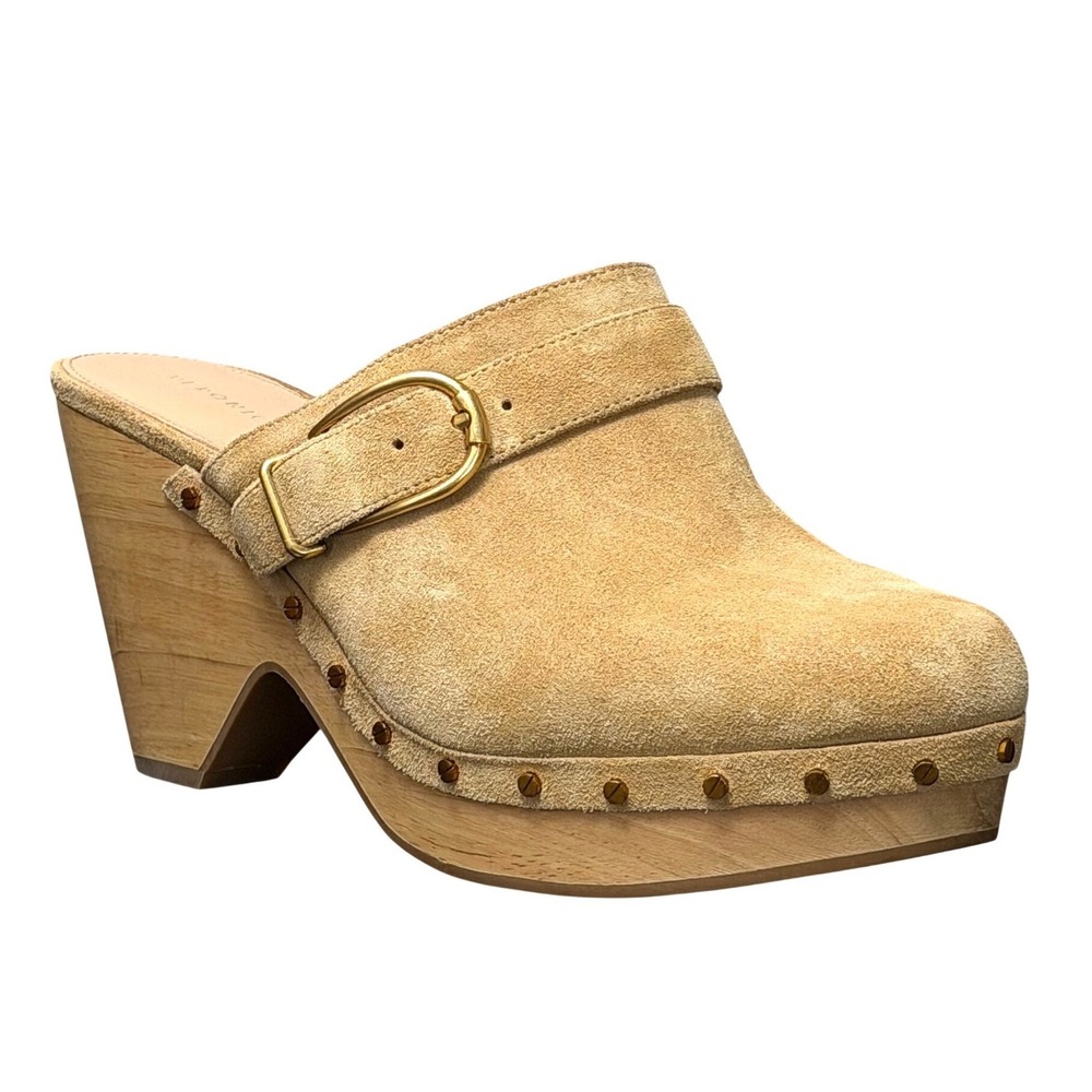 Veronica Beard Dacey Suede Clogs Womens 10 Tan Platform Heels Studded Buckle